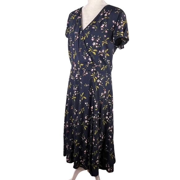 Ann Taylor Navy Blue Floral Midi Faux Wrap Dress 12T - Picture 11 of 14